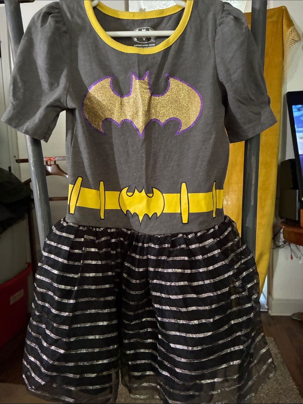 Batman Gray Dress with Yellow Belt and Gold Bat Emblem